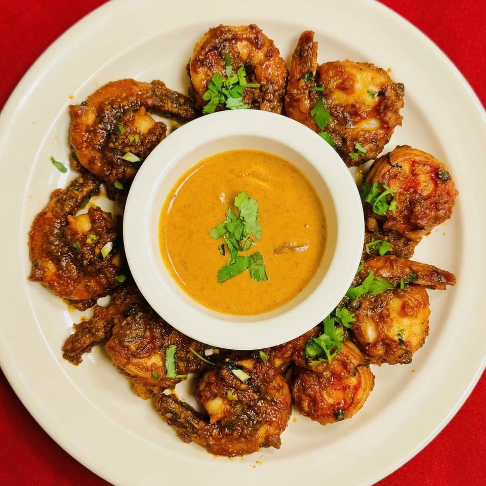 Masala & Curry's Indian-style shrimp, coated in a rich sauce, surrounding a bowl of creamy dipping sauce.